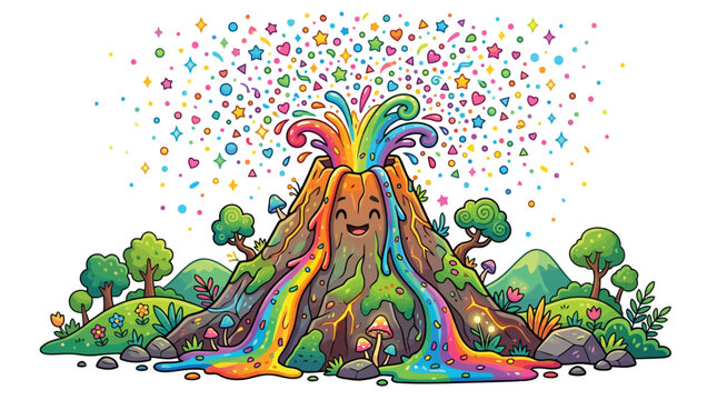 Volcano erupting with rainbow lava and confetti in a lush landscape vector illustration