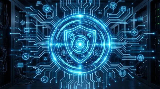 Cybersecurity digital shield with glowing blue circuit lines and data icons server room symbolizing network protection and data security technology and digital network protection concept with glowing