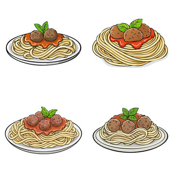 Set of spaghetti with meatballs and basil on plates, appetizing pasta dishes