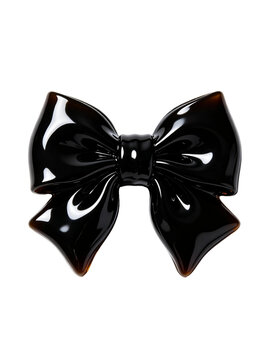Luxurious glossy tortoise black resin decorative bows with different overall dimensions and tail edge designs, shot under soft diffused studio lighting to fully display sleek rigid texture and mirror-
