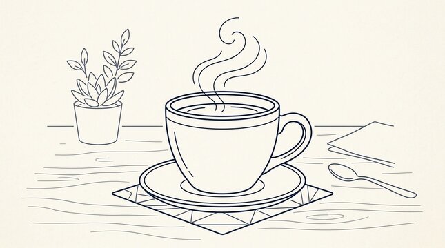 Steaming cup of coffee on wooden table with plant and napkin