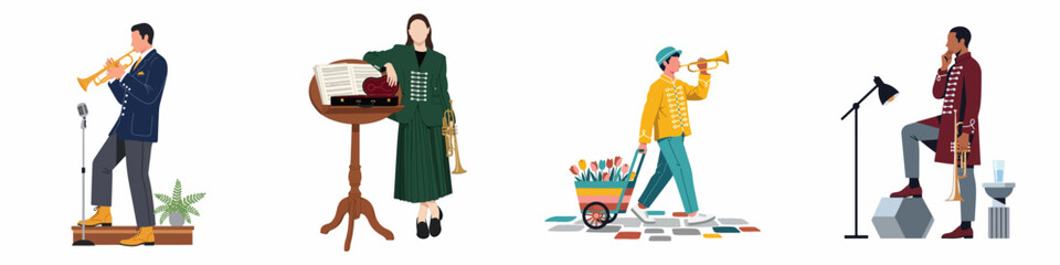 Flat Vector Illustrations of Male and Female Musicians in Formal and Uniform Outfits Playing and Holding Trumpets in Different Scenes © Selfi