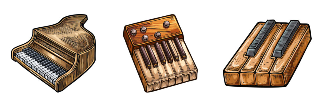 Set of vintage wooden keyboard instruments in various styles