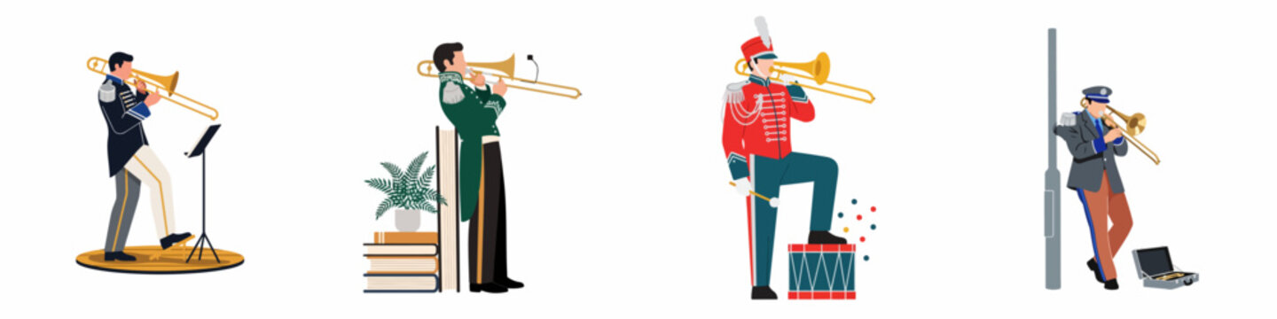 Set of four illustrations showing male trombone players in different uniforms and settings, from marching bands to street performers.