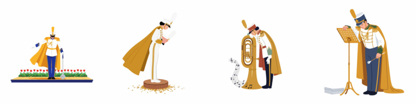 Set of four parade band illustrations featuring members in ceremonial uniforms with ornate gold capes, including a conductor, drum major, and musicians.