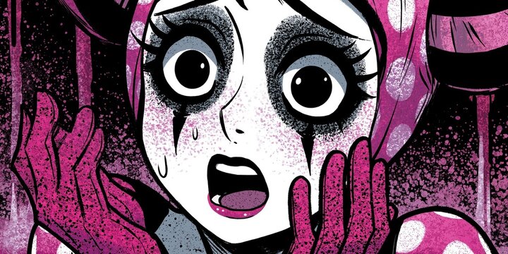 Horror Comic Pop Art Girl Crying with Black Tears Pink Background