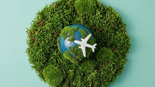 Small white airplane flying over a moss-covered globe surrounded by a green moss ring