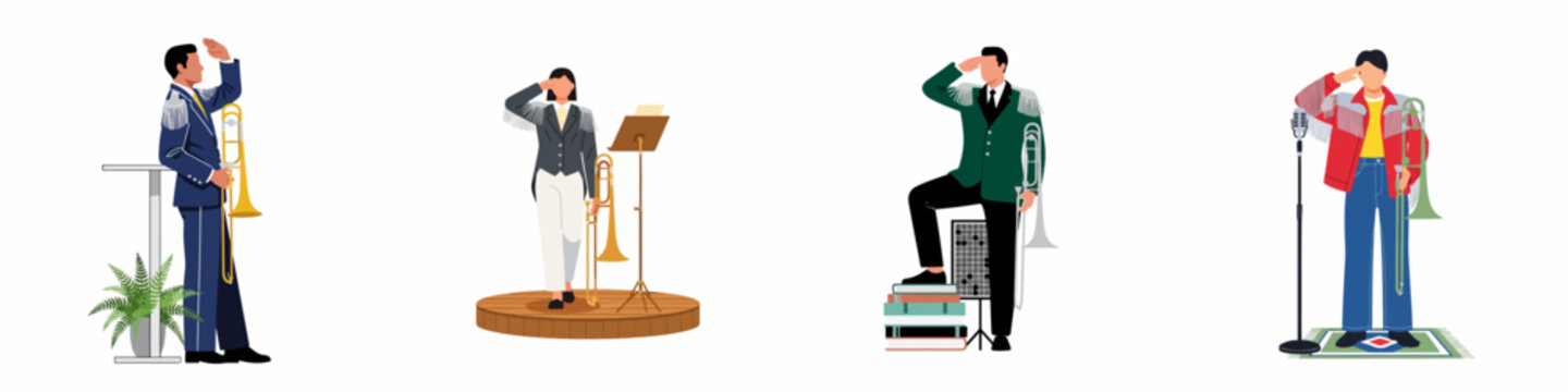 Set of diverse musicians and performers in various costumes holding trombones and saluting, isolated on a white background.