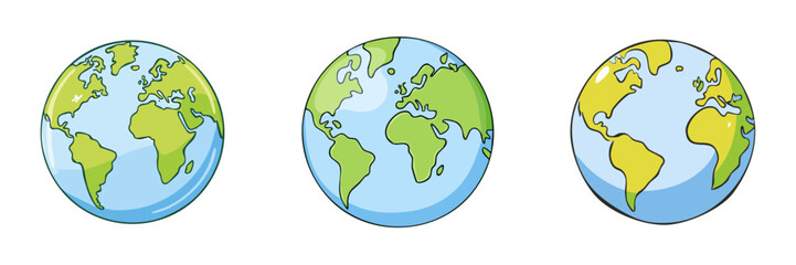 Fototapeta premium Set of cartoon Earth globes showing continents and oceans with bright colors