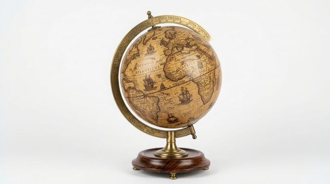 Antique style desktop globe with brass meridian ring and dark wooden base on white background