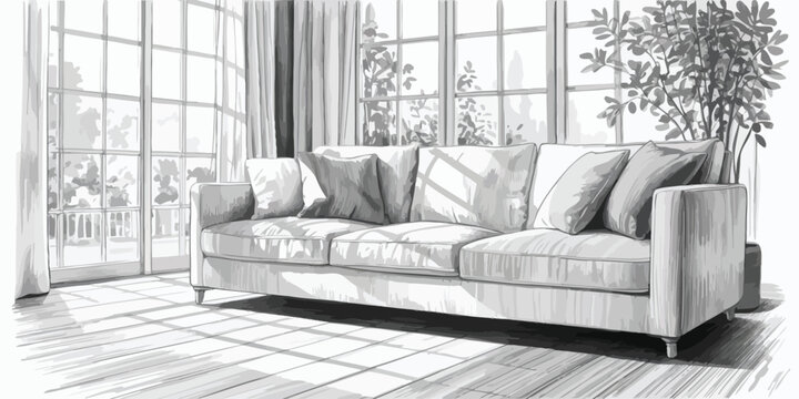 Modern living room, gray sofa, interior design, home decor, vector illustration