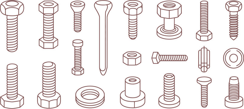 Industrial bolt and screw line icons, technical hardware fastener set with nuts and washers, 20 vector elements for construction and engineering