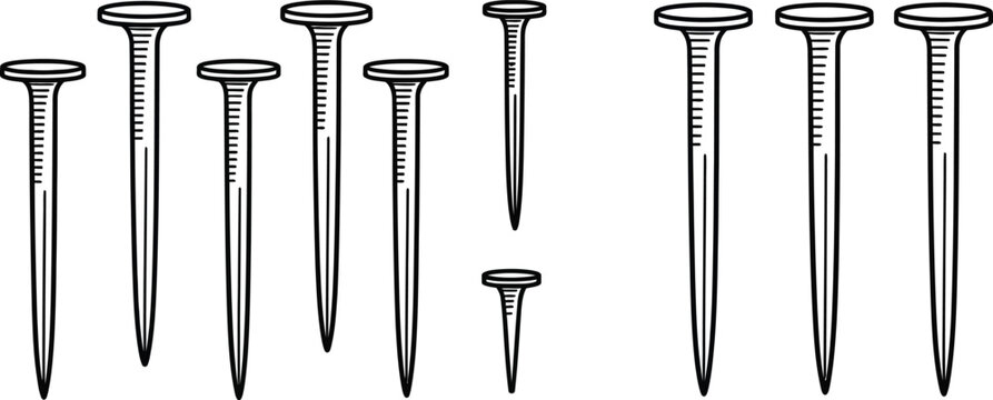 Industrial steel nails set, collection of 10 metal hardware fasteners, realistic iron carpentry spikes for construction and woodworking projects