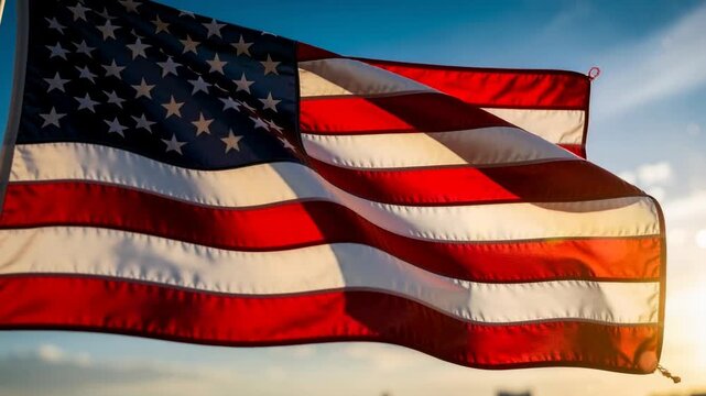 Close up of American flag waving gently in warm sunset breeze patriotic background