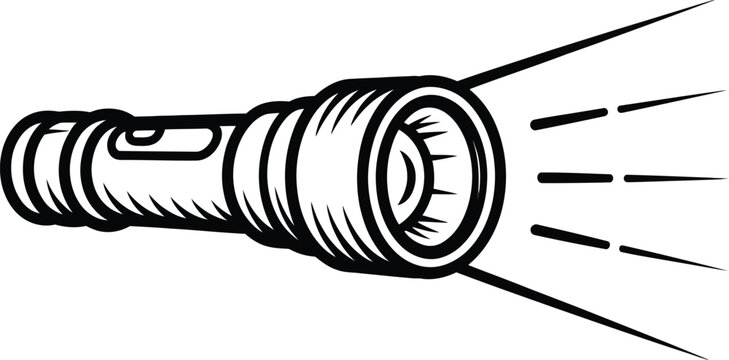 Vintage flashlight vector illustration with light beam, retro hand torch line art icon, black and white camping equipment graphic for outdoor adventure