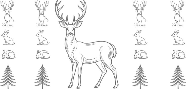 Deer, wildlife icons, vector illustrations, animal set, black and white