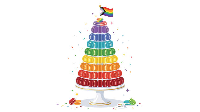 Tall stack of colorful rainbow macarons on white cake stand with pride flag topper illustration
