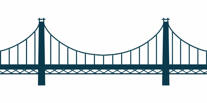 A simple dark blue silhouette of a suspension bridge with two tall towers, curved cables, and a lattice deck structure against a white background.