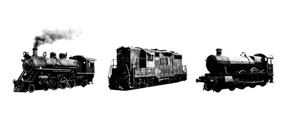 Fototapeta premium An elegant showcase of vintage train illustrations in halftone vector art style, ideal for history enthusiasts and graphic design projects centered around locomotion.