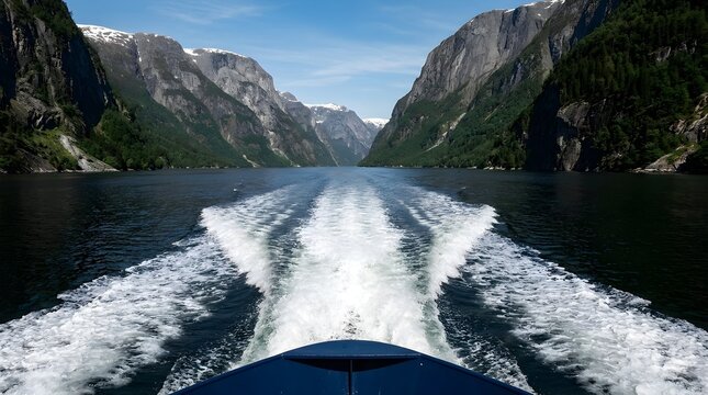 White foamy wake churned by a fast moving boat traveling through the deep blue waters of a massive Norwegian fjord