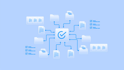 Fototapeta premium Digital document management workflow system with folder processing pipeline and task data checklist diagram.