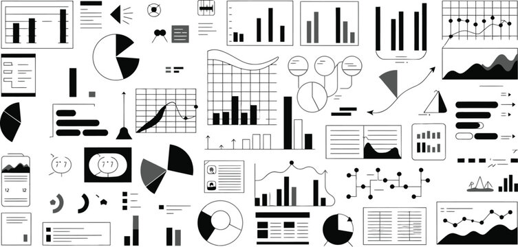 Black and white infographic elements, business charts and graphs, data visualization icons, 40+ vector graphics