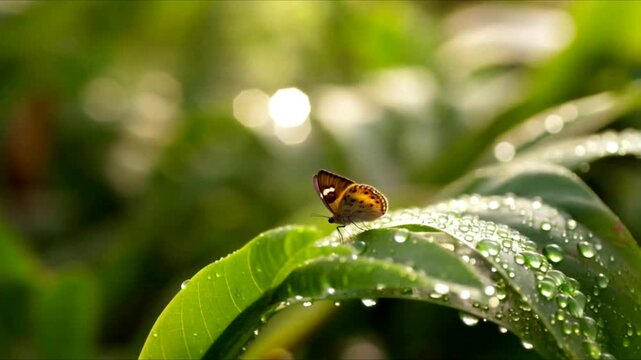 Macro Ladybug Walking on Dew Covered Green Leaf in Golden Morning Light,