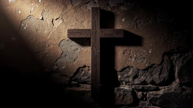 Wooden cross casting shadow on weathered stone wall illuminated by single light in peaceful religious scene