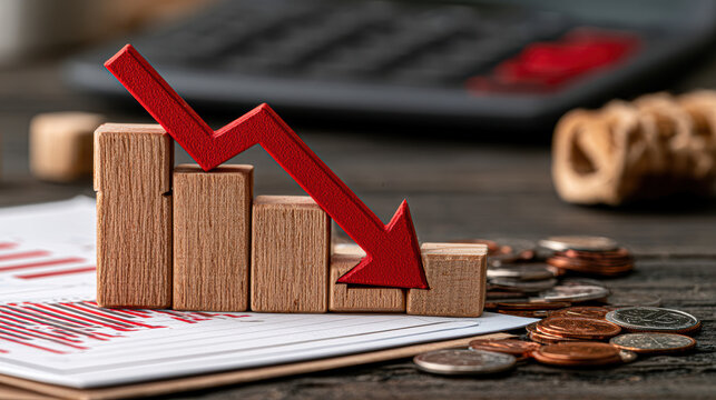 A wooden bar graph with a red downward arrow symbolizes financial decline, placed on documents with coins scattered around, representing economic loss or market downturn.