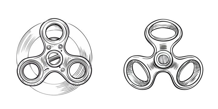 Set of hand-drawn fidget spinners with varying detail and a subtle spinning effect