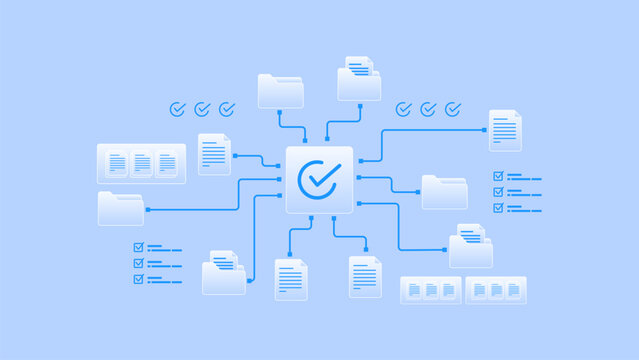 Digital document management workflow system with folder processing pipeline and task data checklist diagram.