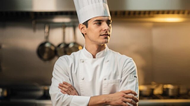 Confident young chef in white uniform standing proudly in busy professional kitchen
