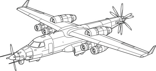 Fototapeta premium Heavy military transport cargo airplane line art vector illustration showing jet engines and large propellers isolated