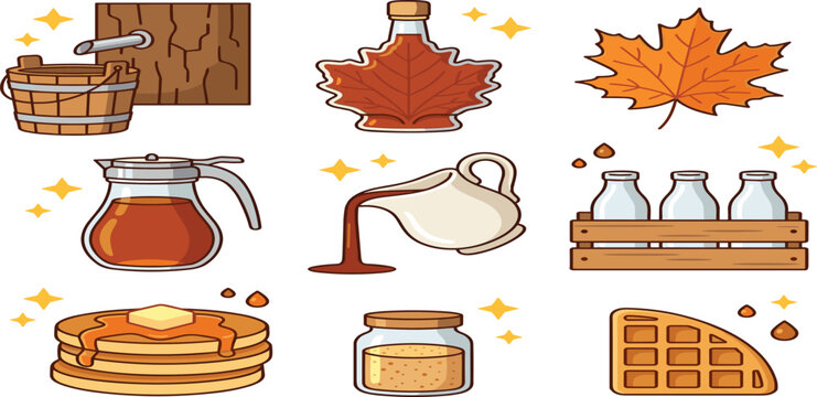 Maple Syrup Icon Set with Pancakes, Waffles, Bottles, Tree Tapping Bucket, Pitcher, Autumn Leaf, and Breakfast Food Elements Vector Illustration