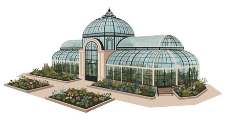 Ornate glass conservatory with garden botanical beds © yanto