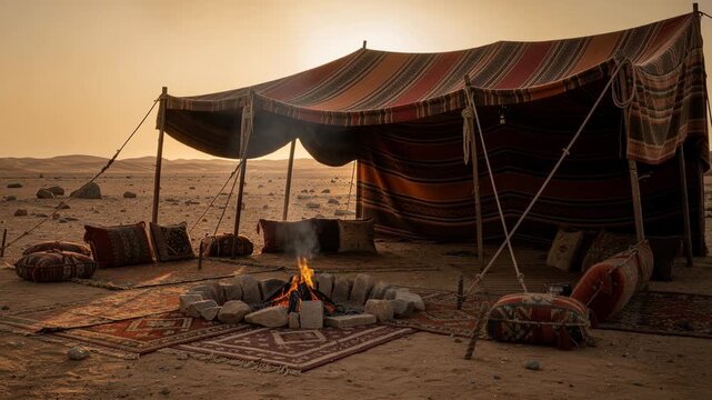 Cozy desert campfire with glowing fire pit and patterned cushions under starry night sky