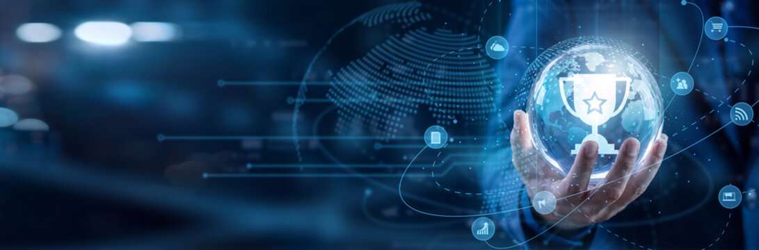 Media buyer hold circle in hand to optimize the programmatic AdTech network advertising ecosystem. They analyze target consumer conversion rates, digital marketing metrics, and campaign budget.
