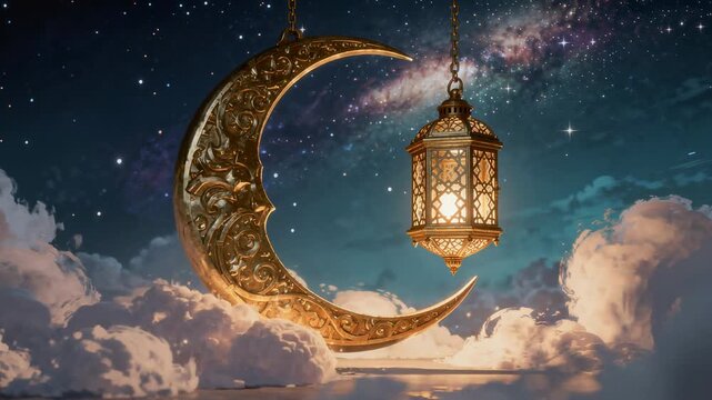 Glowing ornate lantern hanging beside intricately designed crescent moon decoration at night