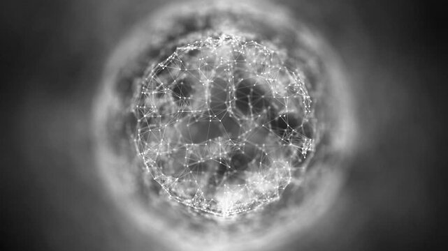 Futuristic frame sphere with bokeh effect. A three-dimensional geometric network sphere with glowing nodes. An abstract monochrome sphere for data visualization.