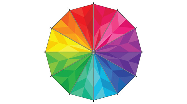 Open rainbow colored umbrella with geometric low poly patterns vector illustration