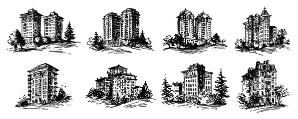 Historic high rise apartment buildings and vintage hotels set in hand drawn engraving style © Amelia