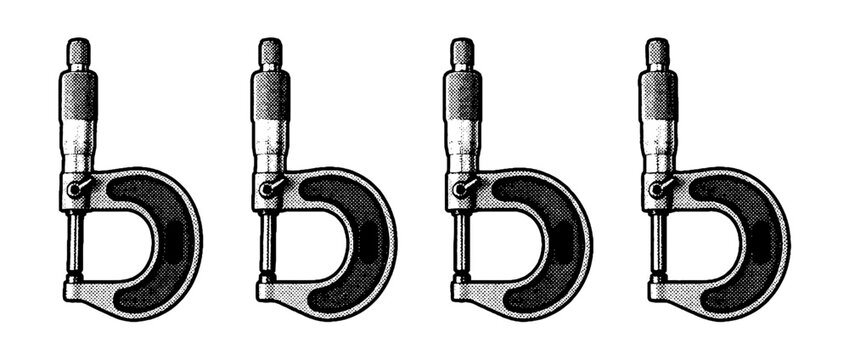 A unique series of halftone vector illustrations of micrometers and calipers emphasizing precision measurement tools essential in engineering and design.