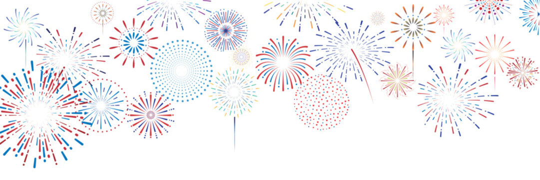 Colorful fireworks display panoramic border isolated on white background; horizontal celebration web banner layout with red blue gold patriotic firework bursts
