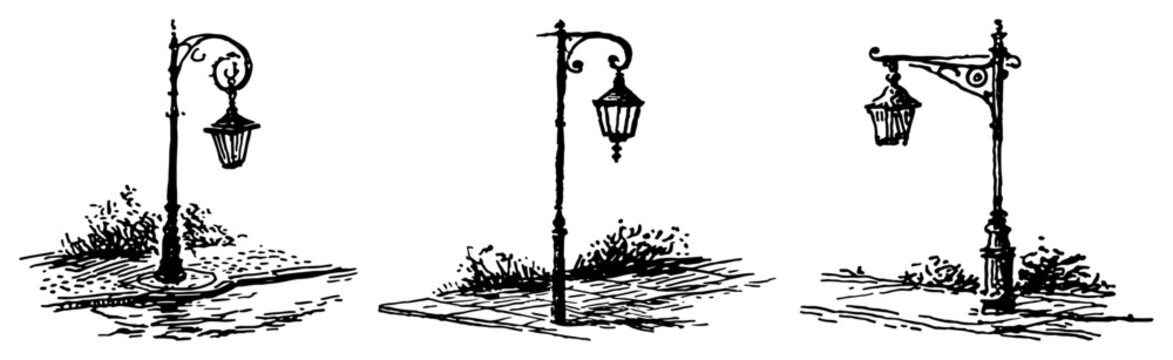 Cast iron street lamp posts and antique gaslights on sidewalks in vintage sketch style