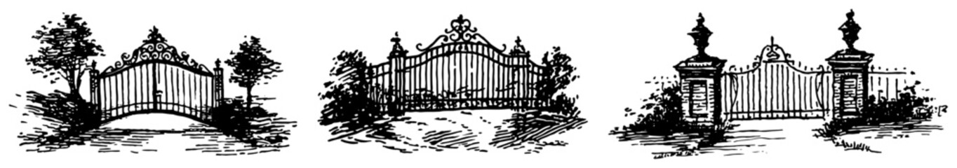 Obraz premium Ornate wrought iron garden gates with stone pillars in hand drawn sketch style