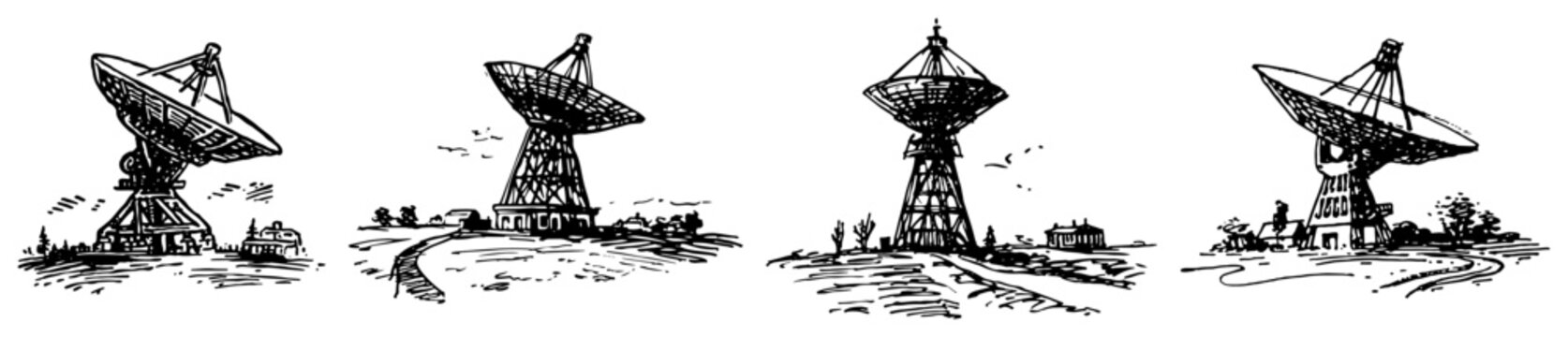 Satellite dish receivers and parabolic antennas on grassy hills in vintage engraving style