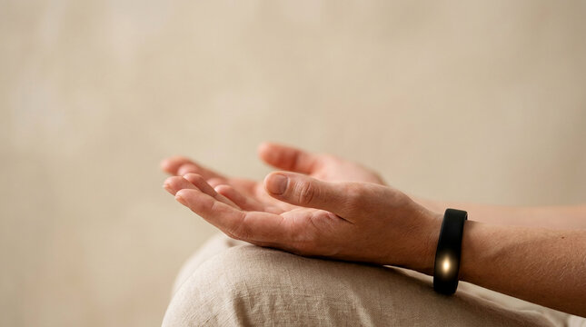 Close-up of hands during mindful yoga session showcasing glowing wristband for advanced wearable tech health monitoring and heart rate variability tracking