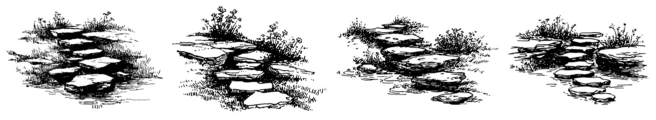 Obraz premium Stepping stone paths and garden walkways on grass hand drawn vintage vector sketch style