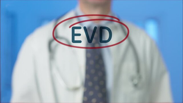 Medical professional with a stethoscope drawing a red circle around the evd acronym, representing ebola virus disease, on a transparent screen in a modern hospital or laboratory environment