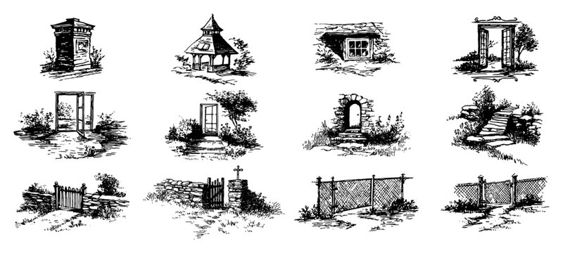 Garden entrance elements and wooden fence gates in vintage hand drawn sketch style
